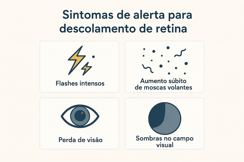 Gráfico mostrando sintomas de alerta para descolamento de retina, incluindo flashes, moscas volantes, perda de visão e sombras no campo visual