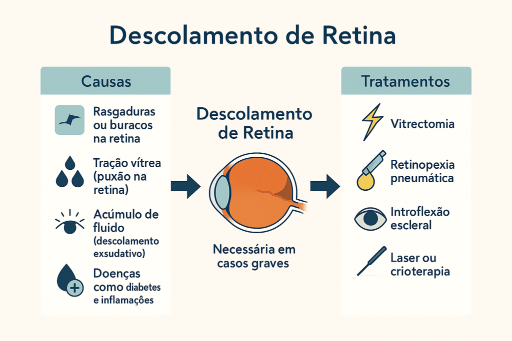 Infográfico sobre descolamento de retina, mostrando causas à esquerda, retina afetada ao centro e tratamentos à direita.