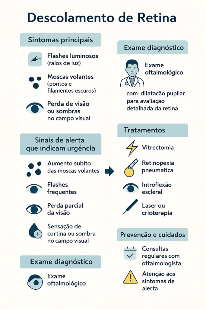 Infográfico claro e visual que apresenta os principais sintomas, causas, sinais de alerta e tratamentos do descolamento de retina, facilitando o entendimento rápido do leitor.