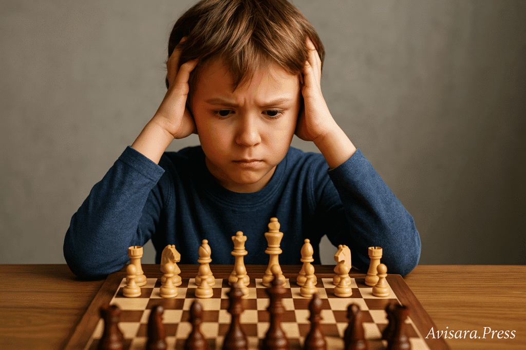 ð§ Xadrez e Crianças: O Poder do Jogo no Desenvolvimento Cognitivo e Emocional Criança pensativa diante de um tabuleiro, com expressão de concentração, refletindo sobre a próxima jogada.