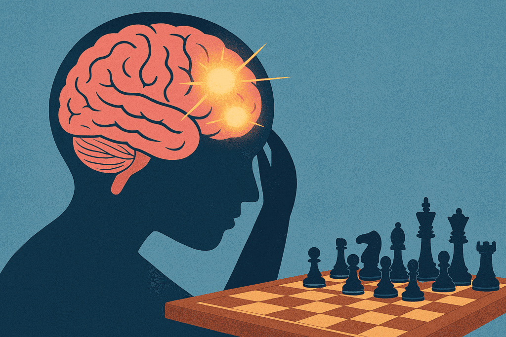 ð§ Xadrez e Crianças: O Poder do Jogo no Desenvolvimento Cognitivo e Emocional Cérebro com luzes ativando áreas frontais durante partida de xadrez.