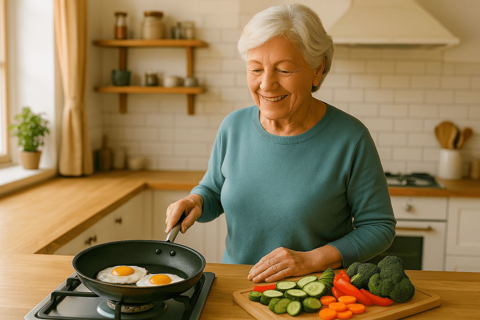 𥩠Top 10 Alimentos Ricos em Proteínas Para Idosos Por Que Proteínas É Tão Importante Após os 60? Idosa cozinhando