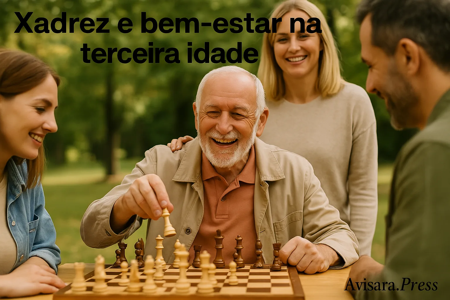 🧠 Xadrez, Cérebro e Era Digital: O Impacto Cognitivo do Jogo em Tempos de Telas e Inteligência Artificial Idoso jogando xadrez com família ao ar livre em clima de bem-estar