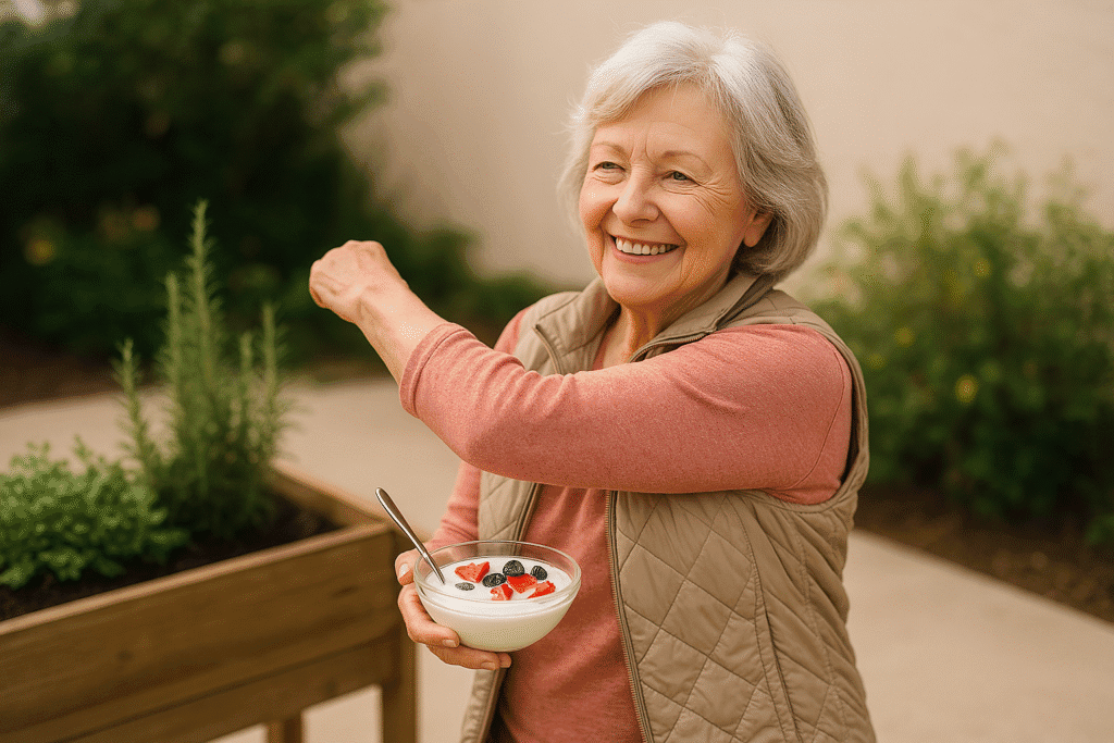 𥩠Top 10 Alimentos Ricos em Proteínas Para Idosos Idoso praticando atividade leve enquanto consome iogurte natural com frutas.