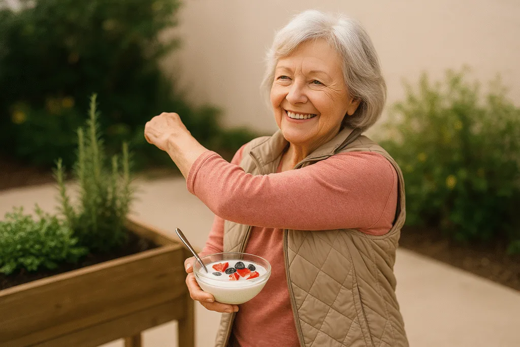 Idoso praticando atividade leve enquanto consome iogurte natural com frutas.