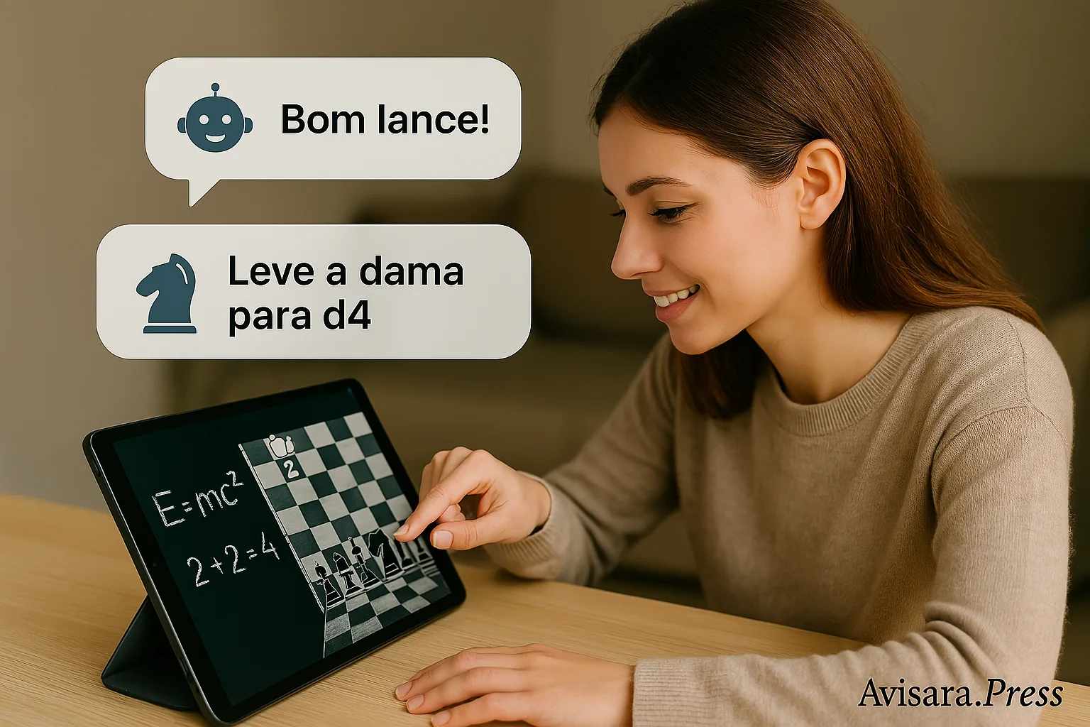 🧠 Xadrez, Cérebro e Era Digital: O Impacto Cognitivo do Jogo em Tempos de Telas e Inteligência Artificial Jovem jogando xadrez em tablet com IA explicando jogadas