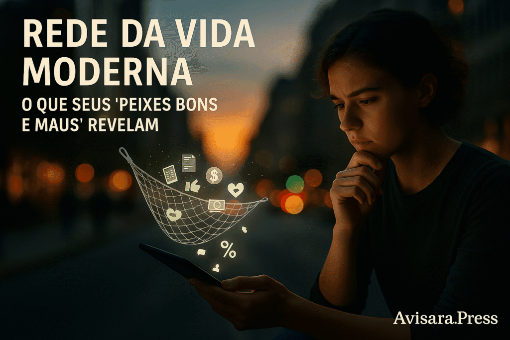 Parábola da Rede: Pessoa pensativa observando informações e conexões em uma rede digital