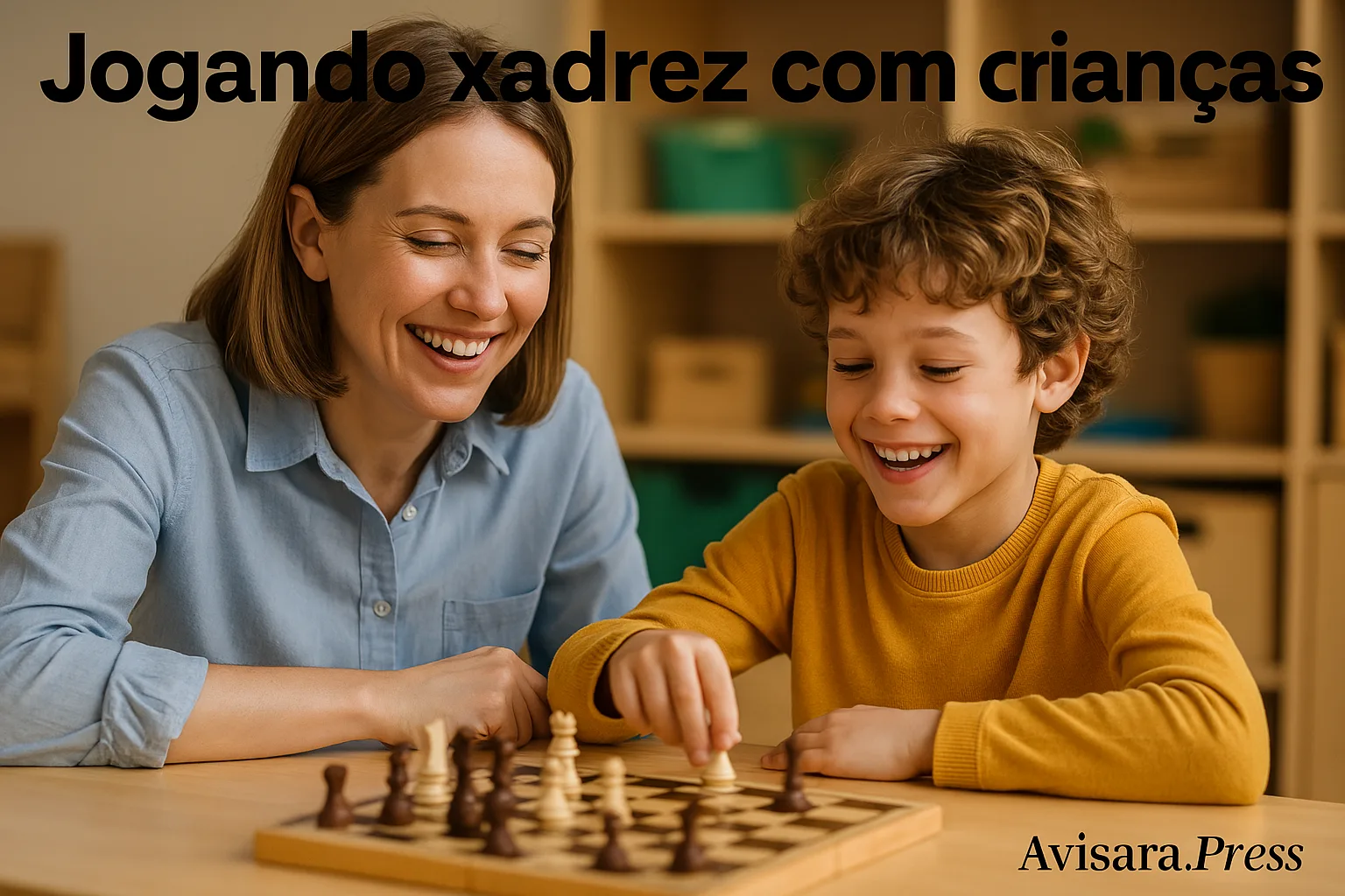 🧠 Xadrez, Cérebro e Era Digital: O Impacto Cognitivo do Jogo em Tempos de Telas e Inteligência Artificial Professora sentada ao lado de uma criança, sorrindo, durante uma partida de xadrez em ambiente escolar