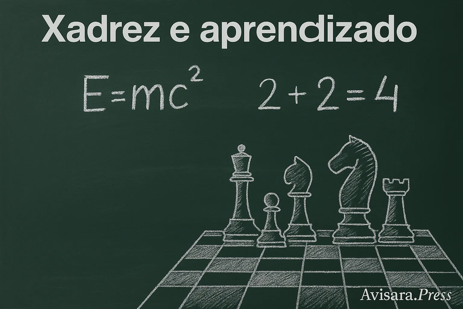 🧠 Xadrez, Cérebro e Era Digital: O Impacto Cognitivo do Jogo em Tempos de Telas e Inteligência Artificial Quadro-negro com equações e peças de xadrez desenhadas