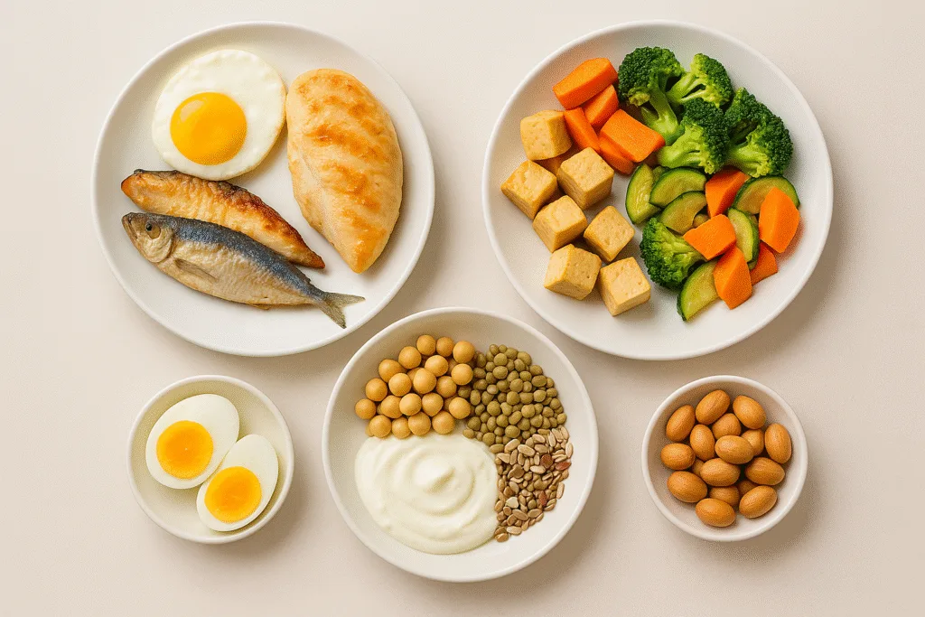 Três pratos distintos um com ovos e frango grelhado, outro com tofu e legumes salteados, e outro com iogurte e grãos.