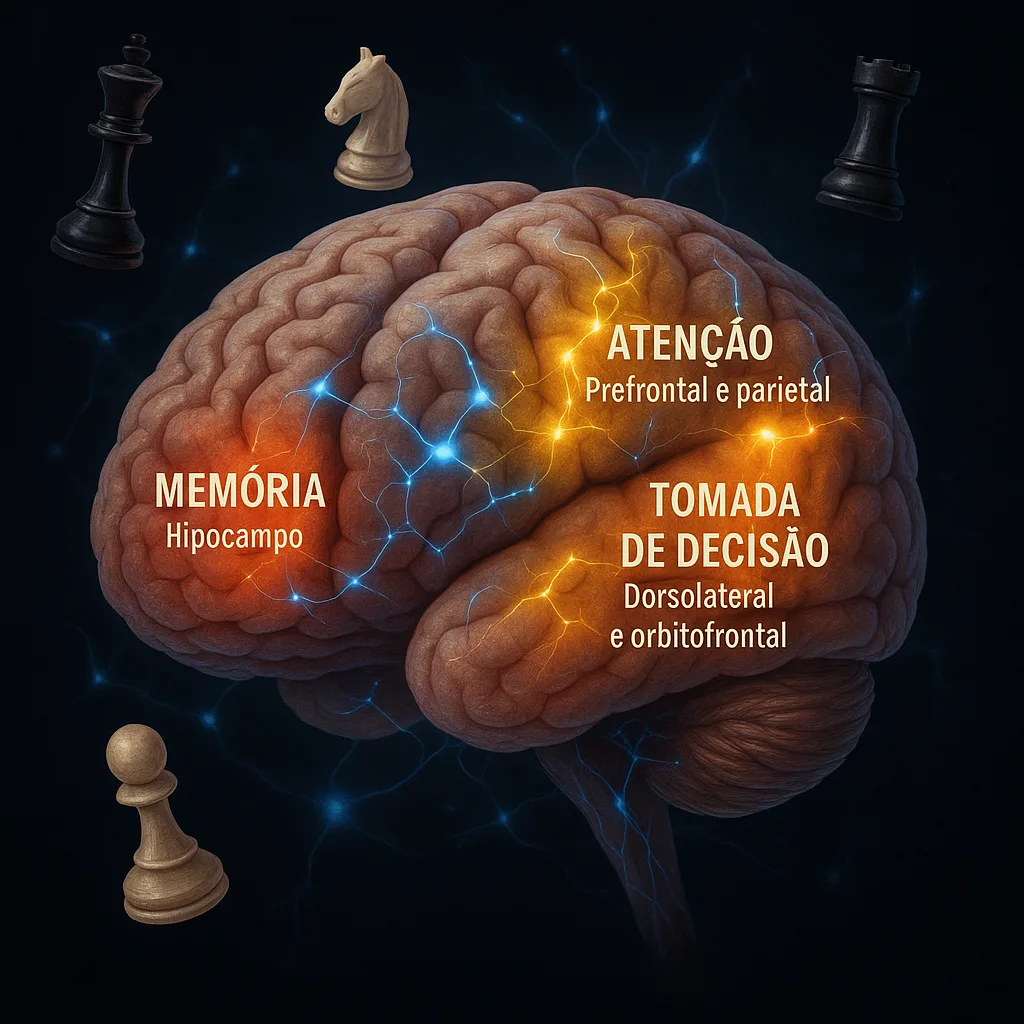 🧠 Xadrez, Cérebro e Era Digital: O Impacto Cognitivo do Jogo em Tempos de Telas e Inteligência Artificial Xadrez, Cérebro e Era Digital um cérebro com áreas ativadas durante uma partida de xadrez