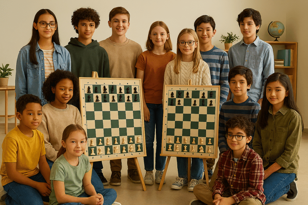 ð§ Xadrez e Crianças: O Poder do Jogo no Desenvolvimento Cognitivo e Emocional Alunos de diferentes idades e origens reunidos em uma “oficina de xadrez escolar”