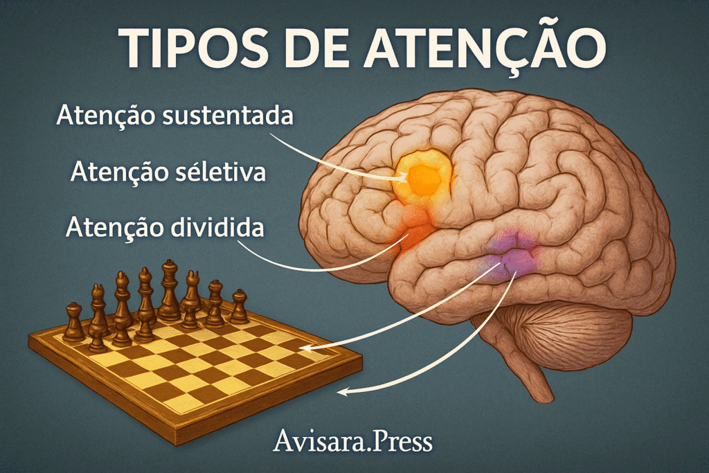 ð§ Xadrez e Crianças: O Poder do Jogo no Desenvolvimento Cognitivo e Emocional Cérebro com três áreas marcadas atenção sustentada, seletiva e dividida, com setas conectando ao tabuleiro de xadrez