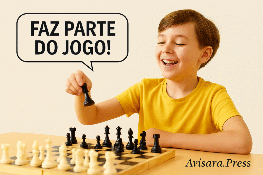 ð§ Xadrez e Crianças: O Poder do Jogo no Desenvolvimento Cognitivo e Emocional Criança perdendo uma peça no jogo e sorrindo, com uma fala do tipo “faz parte do jogo!”
