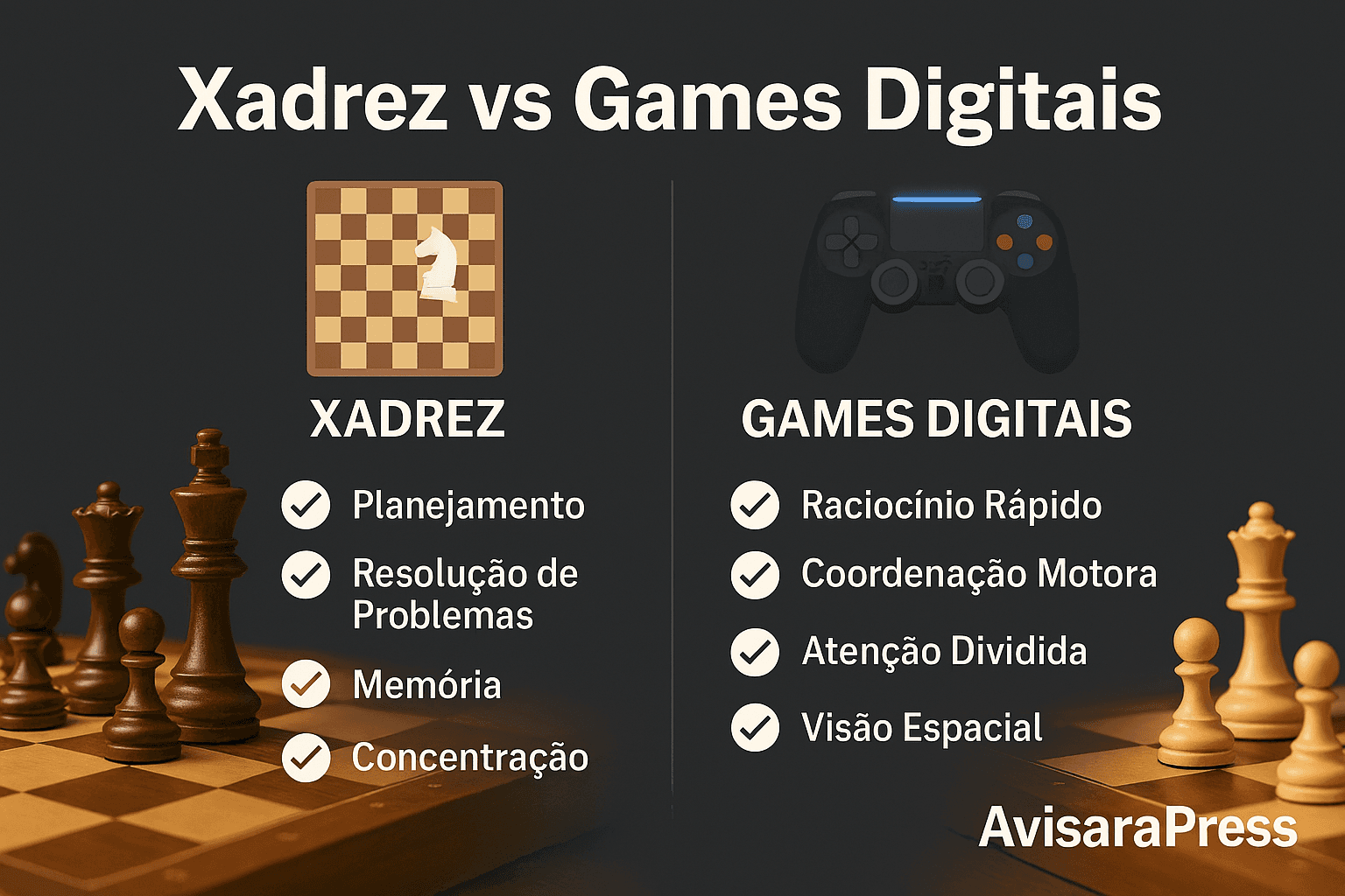 Xadrez e Games Digitais: Quem Realmente Estimula o Cérebro? Infográfico: Comparativo entre benefícios cognitivos de xadrez e games digitais.