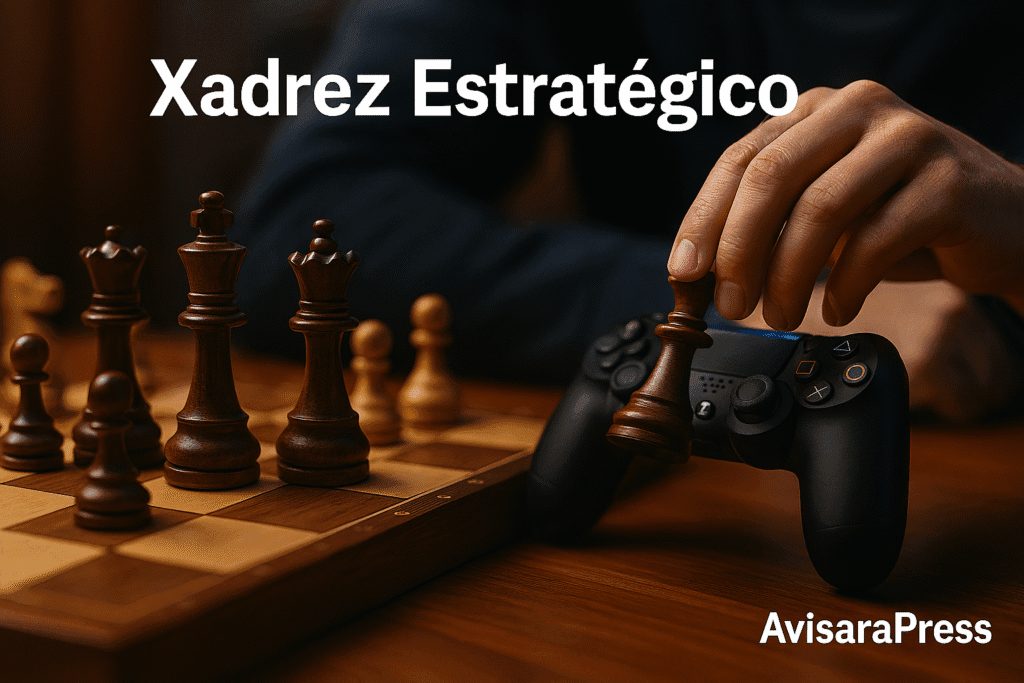 Xadrez e Games Digitais: Quem Realmente Estimula o Cérebro? Jogador analisando jogada complexa em tabuleiro de xadrez.