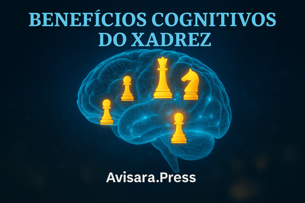 Neuroplasticidade e Xadrez: Como o Cérebro Muda Jogando Cérebro humano com peças de xadrez mostrando áreas ativadas.