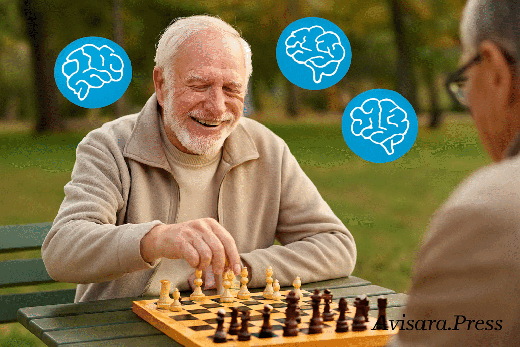 ð§ Xadrez e Crianças: O Poder do Jogo no Desenvolvimento Cognitivo e Emocional Idoso sorridente em um parque, jogando xadrez com outra pessoa e com ícones cerebrais flutuando