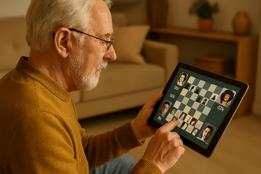 ð§ Xadrez e Crianças: O Poder do Jogo no Desenvolvimento Cognitivo e Emocional Idoso usando tablet para jogar xadrez contra outros jogadores do mundo
