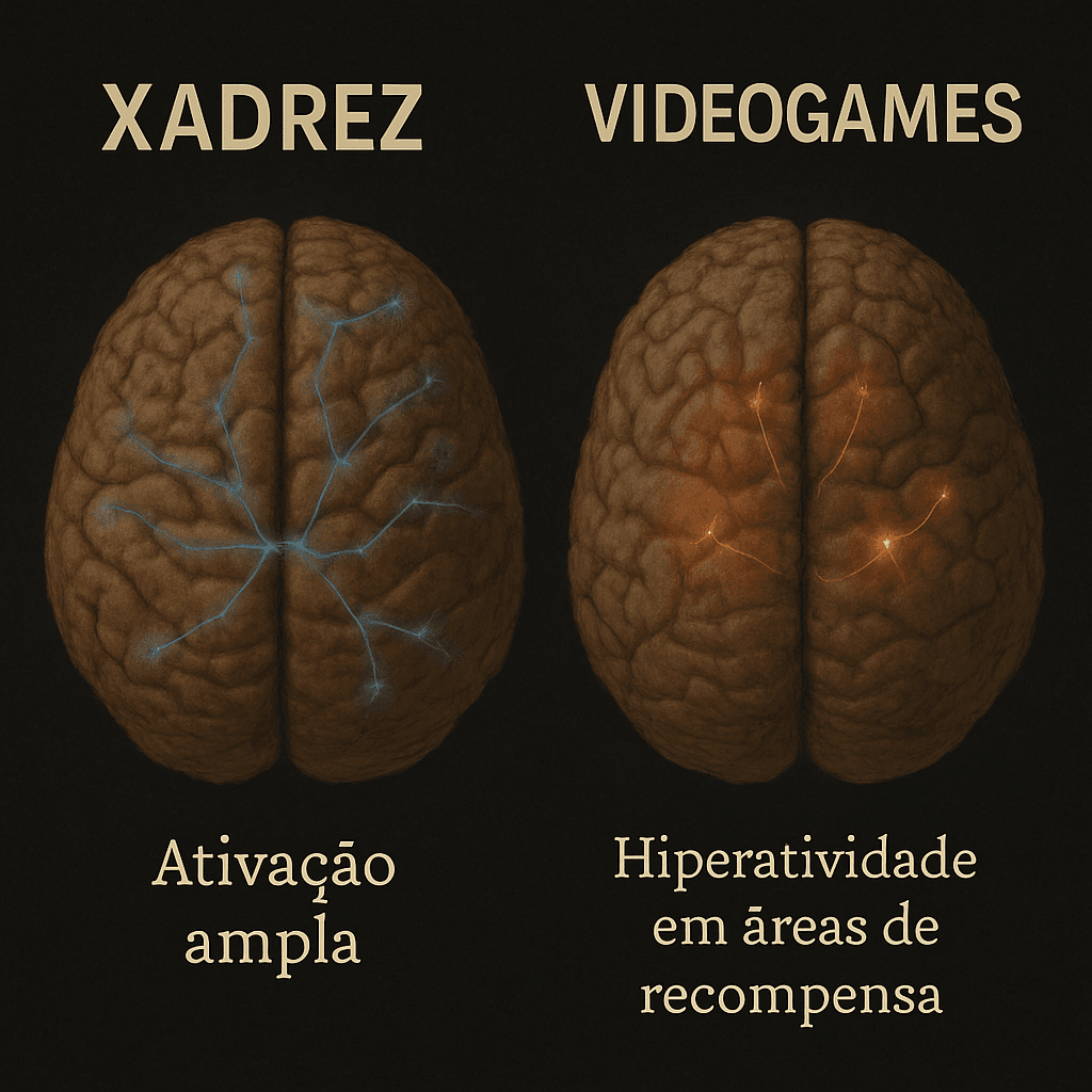 ð§ Xadrez e Crianças: O Poder do Jogo no Desenvolvimento Cognitivo e Emocional Infográfico visual com dois hemisférios cerebrais: um ativado de forma ampla pelo xadrez; outro com pontos de hiperatividade em áreas de recompensa nos games