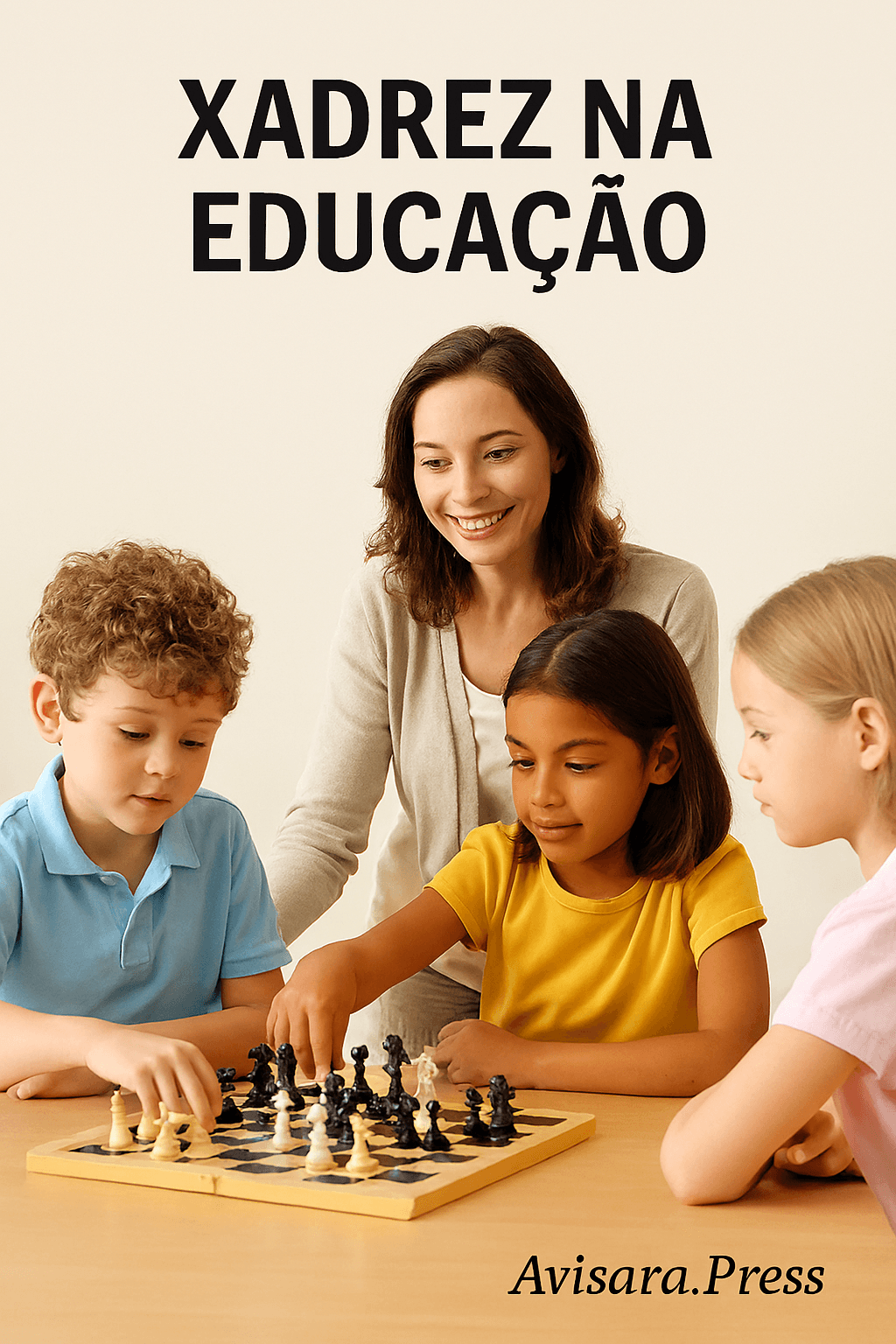 ð§ Xadrez e Crianças: O Poder do Jogo no Desenvolvimento Cognitivo e Emocional Professora sorridente observando crianças jogando xadrez em grupo