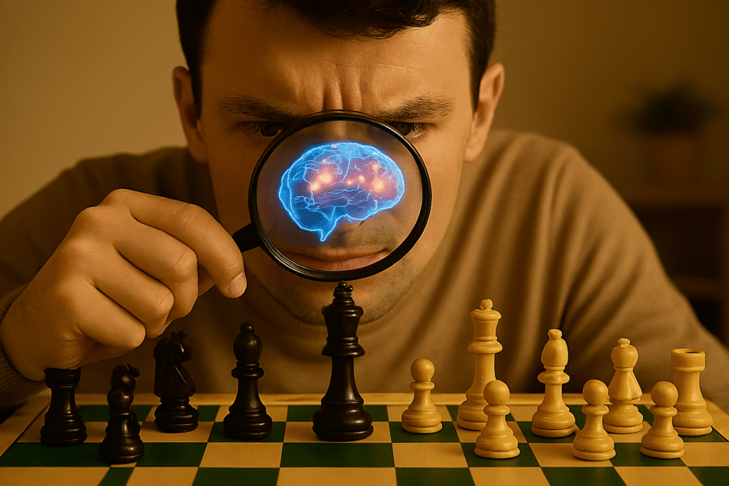 ð§ Xadrez e Crianças: O Poder do Jogo no Desenvolvimento Cognitivo e Emocional Uma pessoa observando um jogo de xadrez através de uma lupa